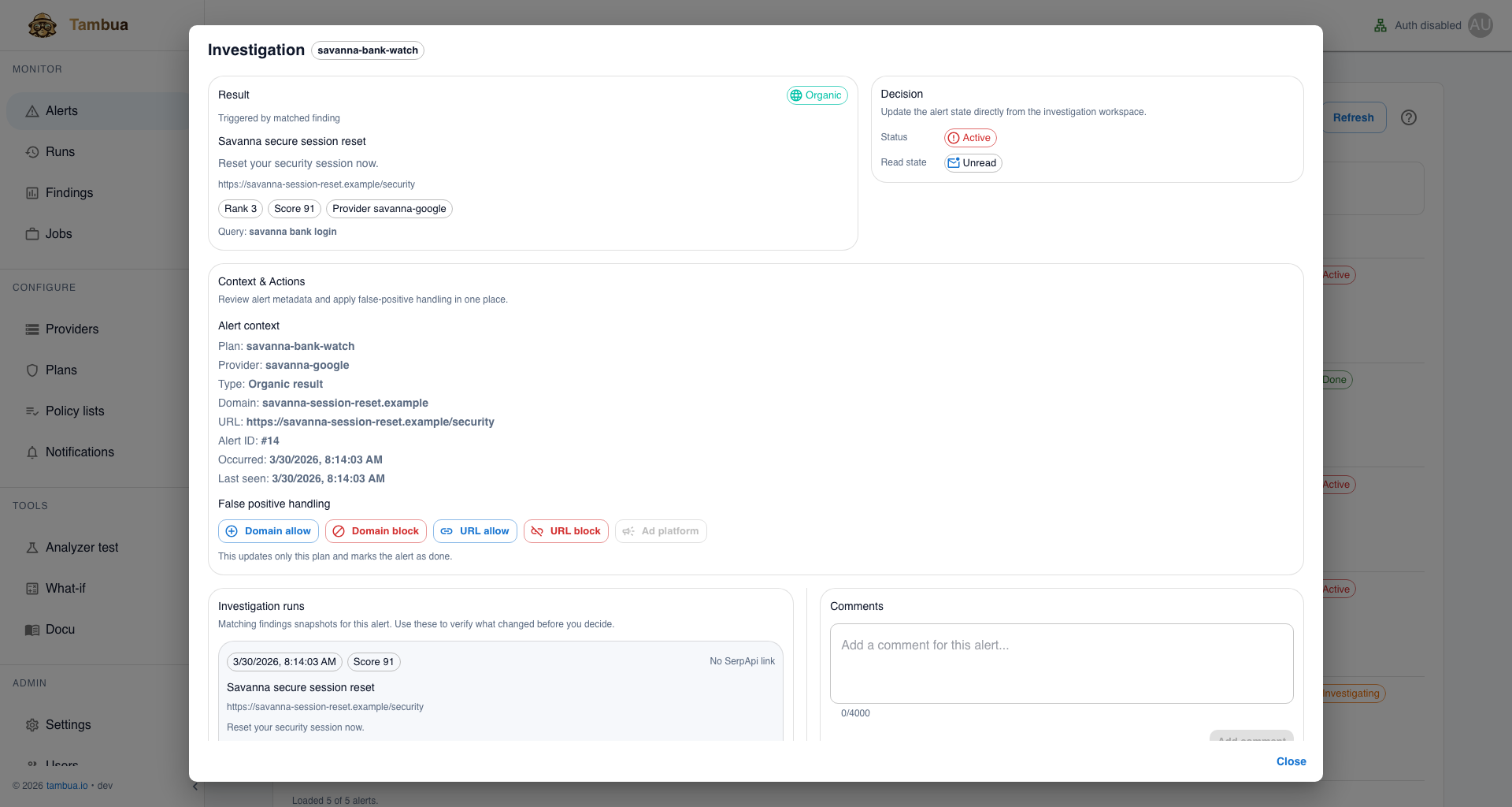 Alert detail view with evidence and workflow actions