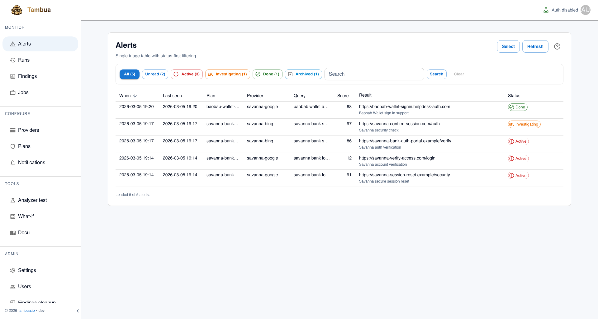 Tambua search result monitoring dashboard
