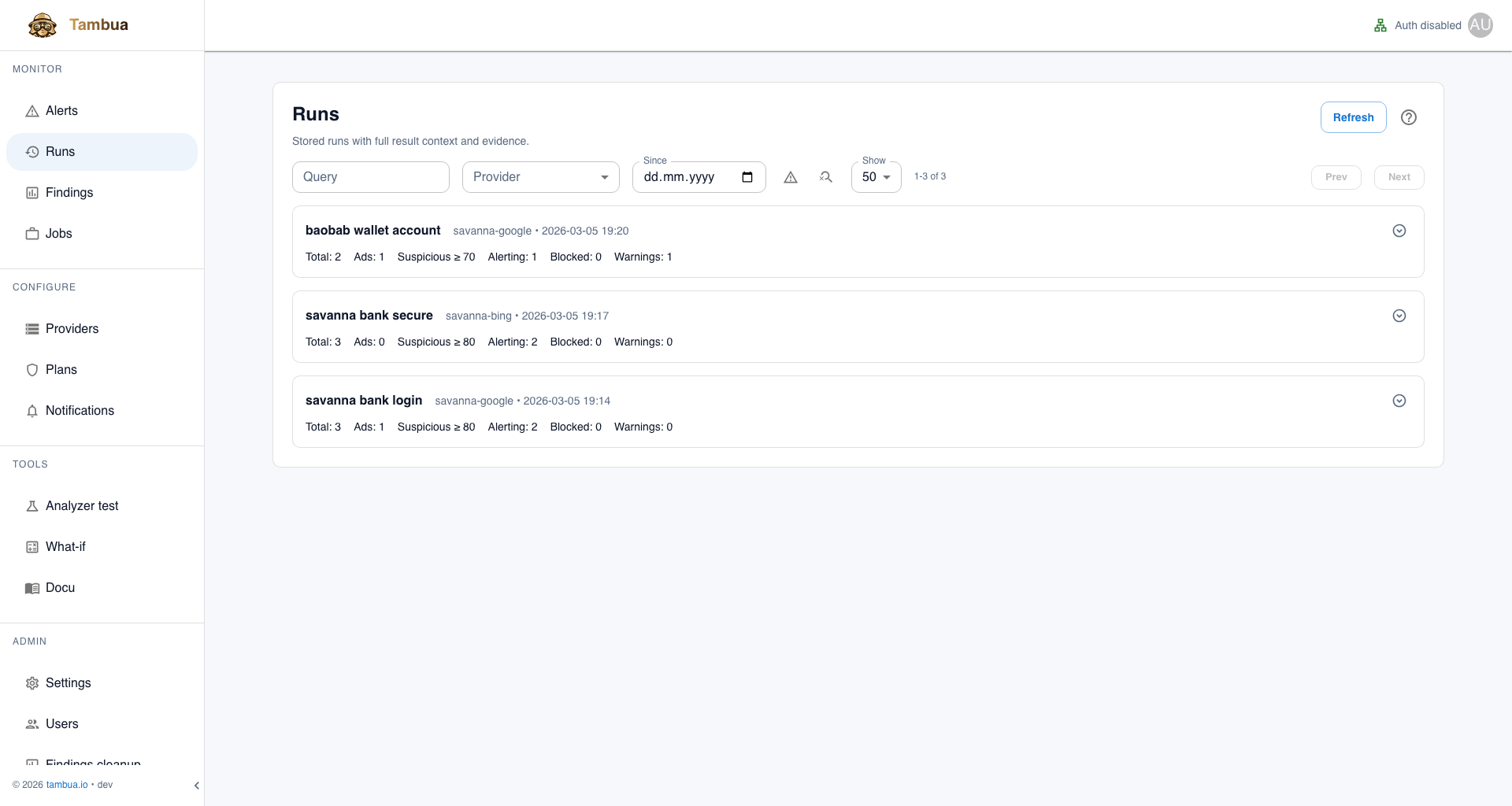 Search run execution history